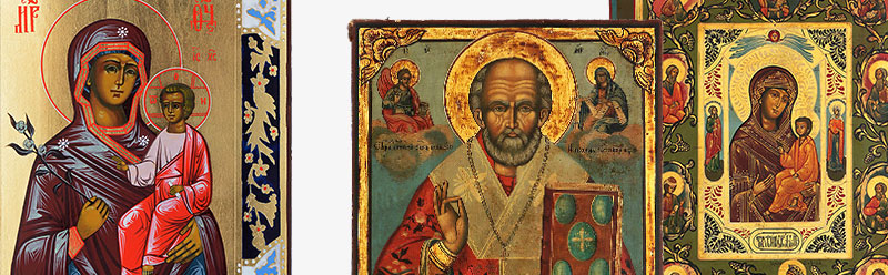 Hand-painted Russian icons on antique wood