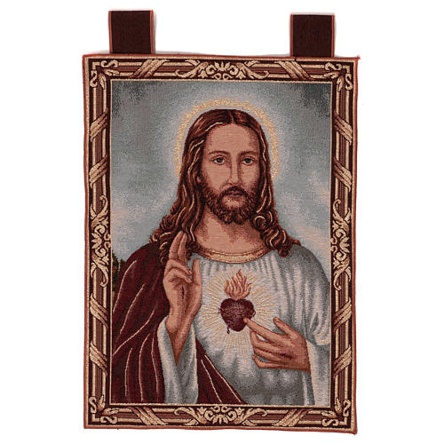 Tapisserie Sacré-Coeur de Jésus avec paysage bords décorés passants 50x40 cm 1