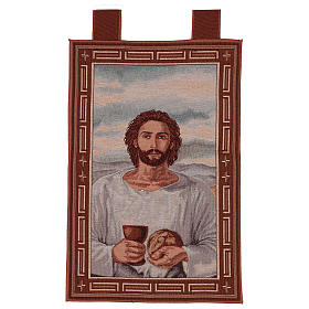 Jesus holding the chalice and bread wall tapestry with loops 23x15"