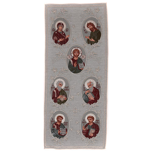 Wandteppich in silbernen Grundton Muttergottes, Johannes der Täufer, Christus, 4 Evangelisten 40x90 cm 1
