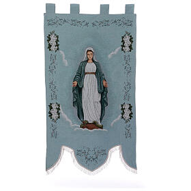 Processional standard of Our Lady of the Immaculate Conception, blue background, 56x30 in