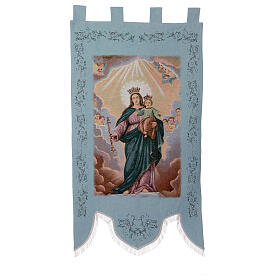 Processional standard of Mary Help of Christians, blue background, 57x30 in