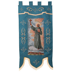 Processional banner of Junípero Serra, light blue fabric, 60x29 in