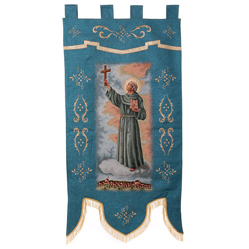 Junipero Serra na niebieskim tle, sztandar procesyjny 155x75 cm 1