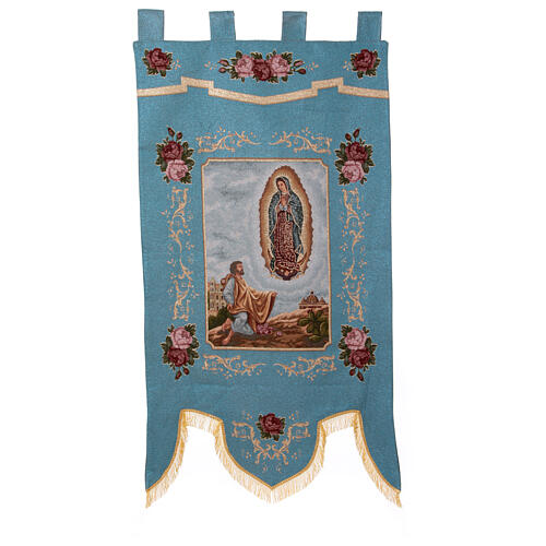 Processional banner of the Apparition of Guadalupe to Juan Diego, light blue fabric, 57x29 in 1