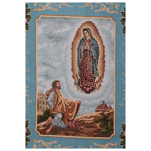 Processional banner of the Apparition of Guadalupe to Juan Diego, light blue fabric, 57x29 in 4