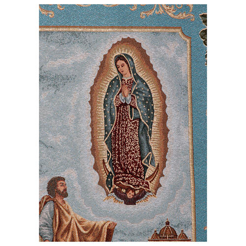 Processional banner of the Apparition of Guadalupe to Juan Diego, light blue fabric, 57x29 in 5