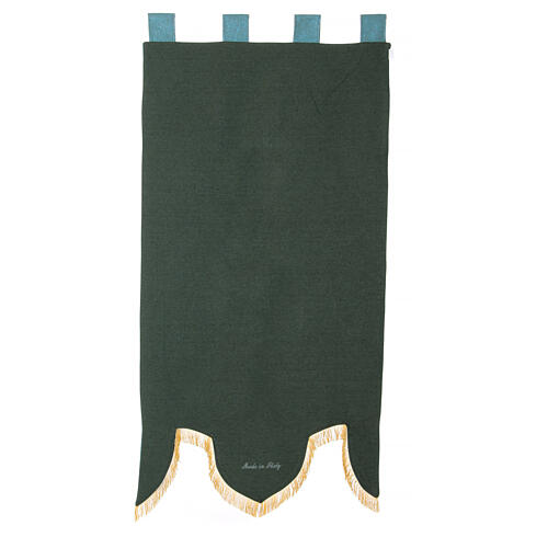 Processional banner of the Apparition of Guadalupe to Juan Diego, light blue fabric, 57x29 in 7