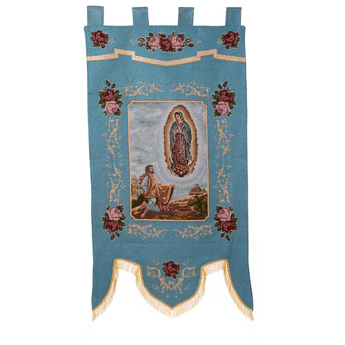 Objawienie w Guadalupe Matki Bożej Juanowi Diego, tło błękitne, sztandar procesyjny 145x75 cm 2