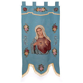 Processional banner of the Immaculate Heart of Mary, light blue fabric, 58x29 in