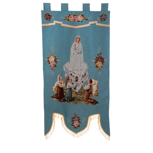 Étendard Notre-Dame de Fatima fond bleu ciel processions 150x75 cm 1