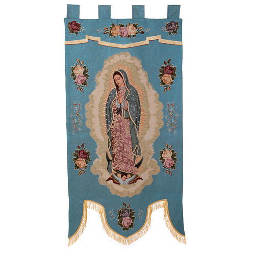 Bannière de procession Notre-Dame de Guadalupe fond bleu 155x75 cm 1
