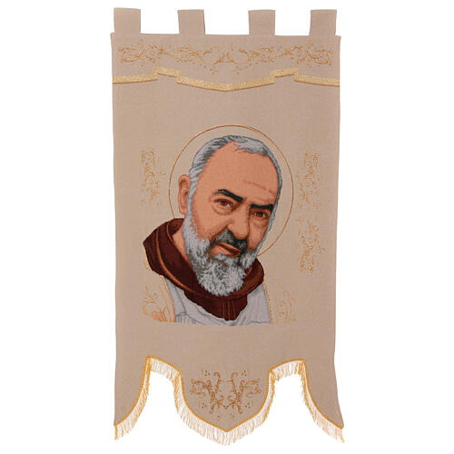 Padre Pio fond crème étendard procession 145x75 cm 1