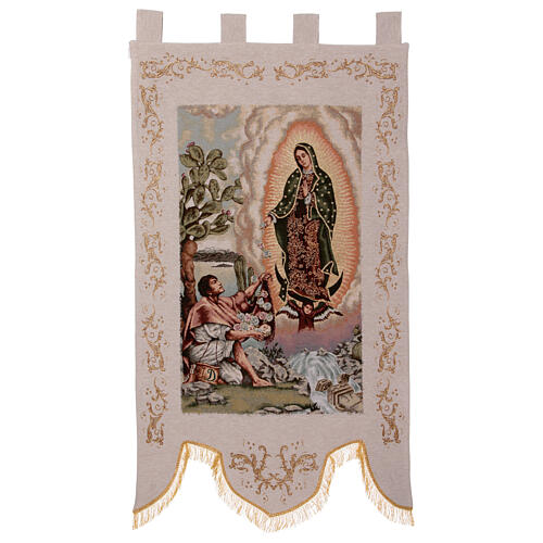 Apparition of Guadalupe to Jaun Diego, cream-coloured processional banner, 56x30 in 1