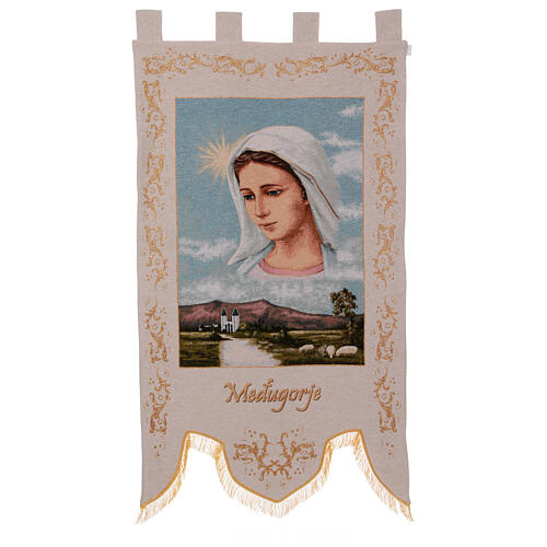 Bandeira procissões Nossa Senhora de Medjugorje fundo bege claro 145x80 cm 2