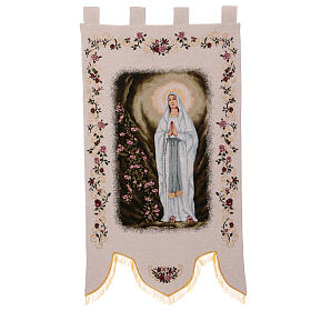 Virgen de Lourdes con rosas estendarte procesiones 145X80 cm