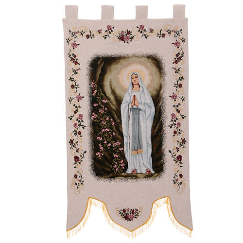 Virgen de Lourdes con rosas estendarte procesiones 145X80 cm 2