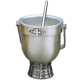 Aspergill, Weihwasserflaschen, Weihwasserkessel: Set Weihwasserkessel und Aspergill Molina aus versilbertem Messing