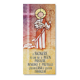 Kärtchen fűr die Familiensegnung auf perlenartigem Papier mit Bild vom Jesus dem guten Hirten und Gebet