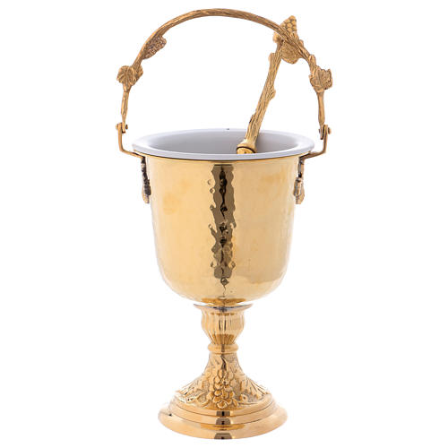 Hammered Holy Water pot with sprinkler in gold plated brass 1