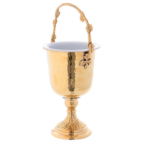 Hammered Holy Water pot with sprinkler in gold plated brass 3