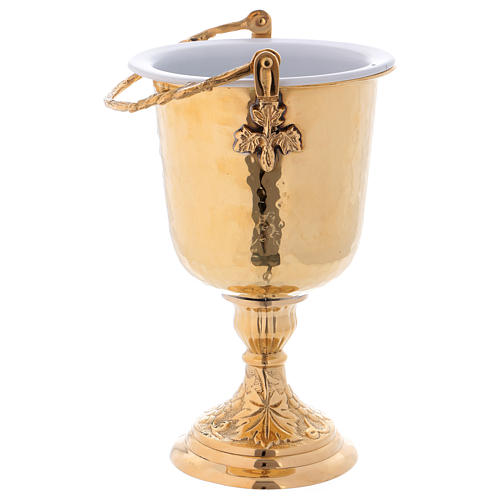 Hammered Holy Water pot with sprinkler in gold plated brass 7