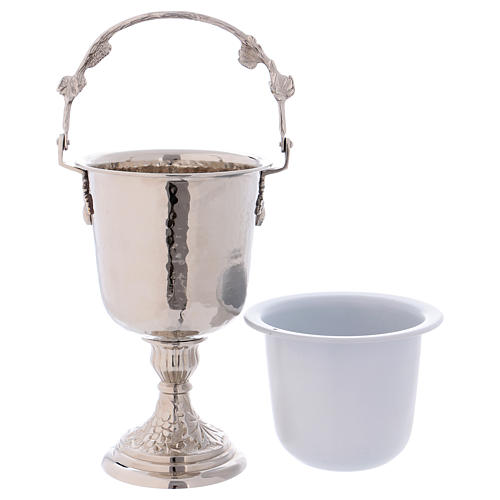 Hammered Holy Water pot with sprinkler in silver-plated brass 8