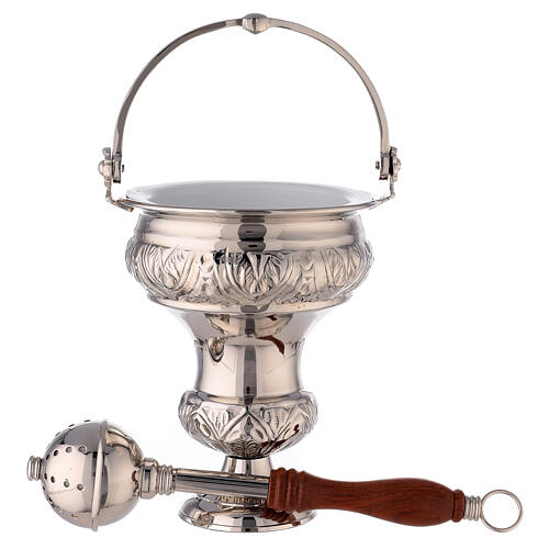 Holy water pot and sprinkler, nickel-plated brass, 30 cm 1