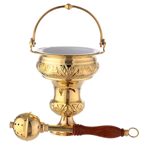 Holy water pot with sprinkler, gold plated brass, 30 cm 1