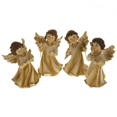 Angels in resin with flower, 4 pieces 12cm 1