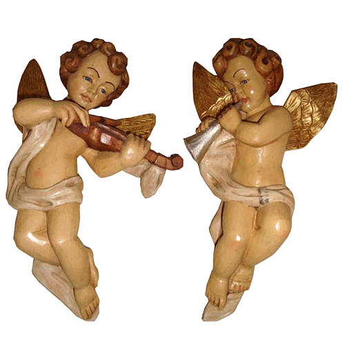 Par de ángeles músicos para colgar madera pintada 1