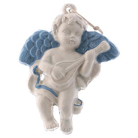 Petit ange avec mandoline céramique Deruta ailes bleues 10x10x5 cm