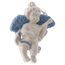 Petit ange avec mandoline céramique Deruta ailes bleues 10x10x5 cm