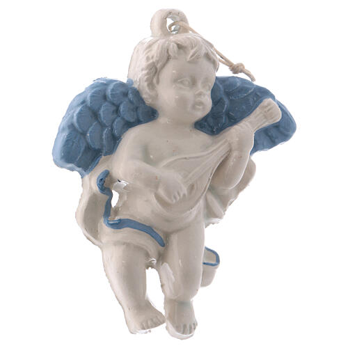 Aniołek ceramika Deruta, skrzydła błękitne, grający na mandolinie, wielkość 10x10x5 cm 2