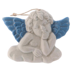 Aniołek do zawieszenia z ceramiki Deruta z błękitnymi skrzydłami 5x10x1 cm