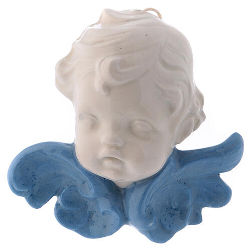 Face of angel to hang in white ceramic Deruta with blue wings 9x9x3 cm 1
