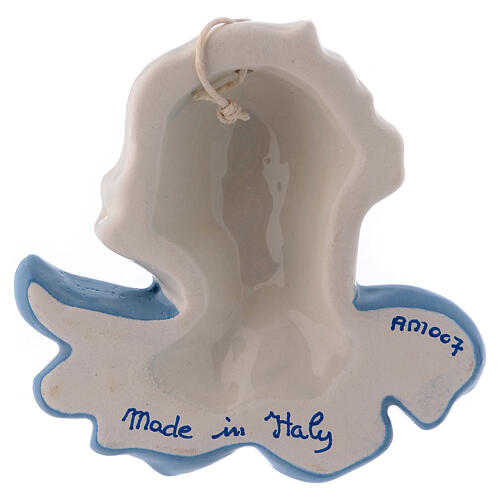 Face of angel to hang in white ceramic Deruta with blue wings 9x9x3 cm 2