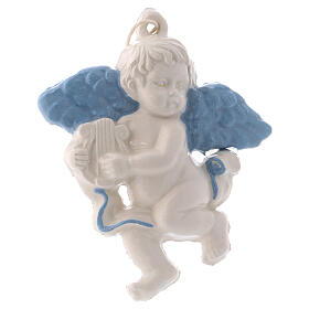 Aniołek do zawieszenia z ceramiki Deruta z harfą i błękitnymi skrzydłami 10x10x1 cm