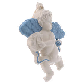 Aniołek do zawieszenia z ceramiki Deruta z harfą i błękitnymi skrzydłami 10x10x1 cm