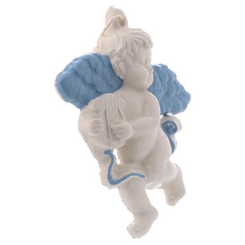 Aniołek do zawieszenia z ceramiki Deruta z harfą i błękitnymi skrzydłami 10x10x1 cm 2