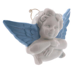 White ceramic Angel hanging with light blue wings made in Deruta 3 in
