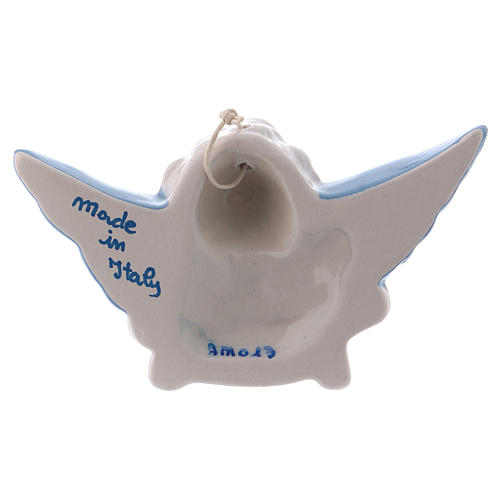 White ceramic Angel hanging with light blue wings made in Deruta 3 in 3