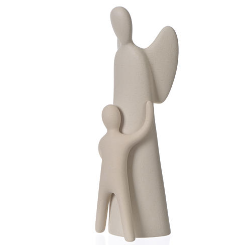 Angelo custode con bimbo gres porcellanato h 28 cm avorio 1