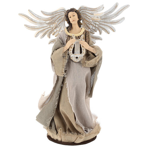 Angel statue 38 cm with lyre burgundy green gauze beige lace 1