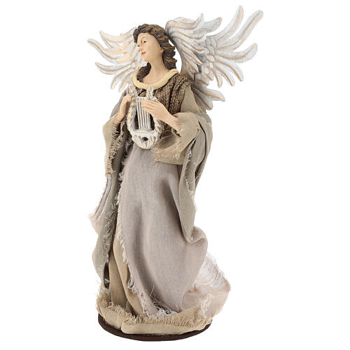 Angel statue 38 cm with lyre burgundy green gauze beige lace 3