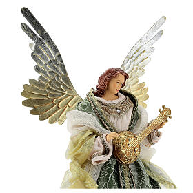 Angel with mandolin 45 cm resin and fabric, green and gold, Venitian style