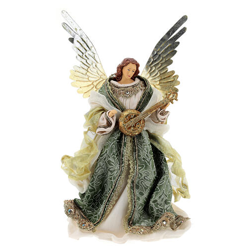 Angel with mandolin 45 cm resin and fabric, green and gold, Venitian style 1