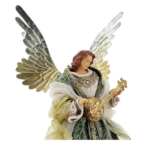 Angel with mandolin 45 cm resin and fabric, green and gold, Venitian style 2
