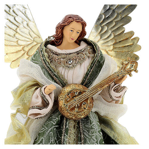 Angel with mandolin 45 cm resin and fabric, green and gold, Venitian style 4