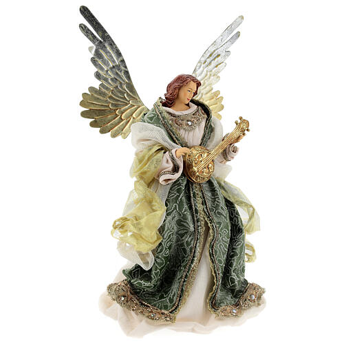 Angel with mandolin 45 cm resin and fabric, green and gold, Venitian style 5